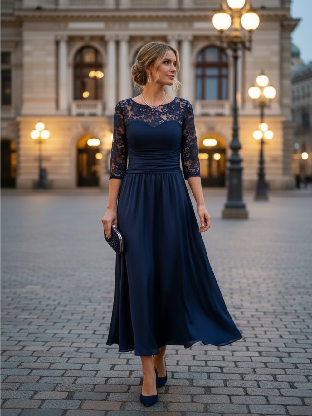 Jessica Howard Navy Lace Midi Dress with Three-Quarter Sleeves Size 6